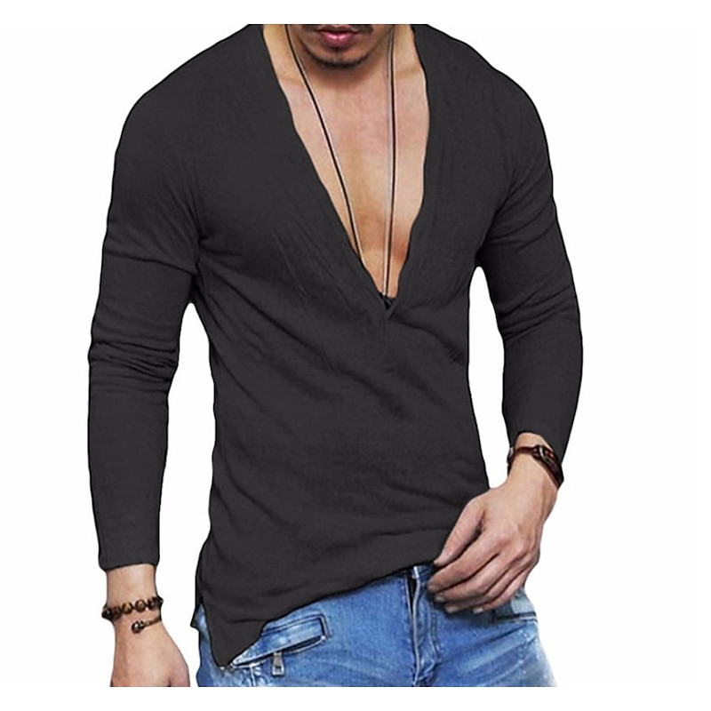Men's Shirt T Shirt Long Sleeve Shirt Long Sleeve Deep V Graphic Plain Muscle Esencial Black White Top Tee for Men