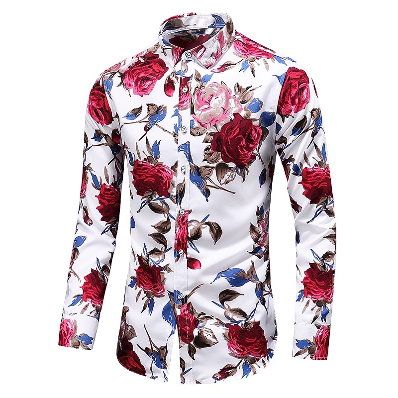 Men's Floral Shirt Button Up Shirt Long Sleeve Vintage Designer Basic Daily Holiday Spring &  Fall Collar Print Black Red Blue2