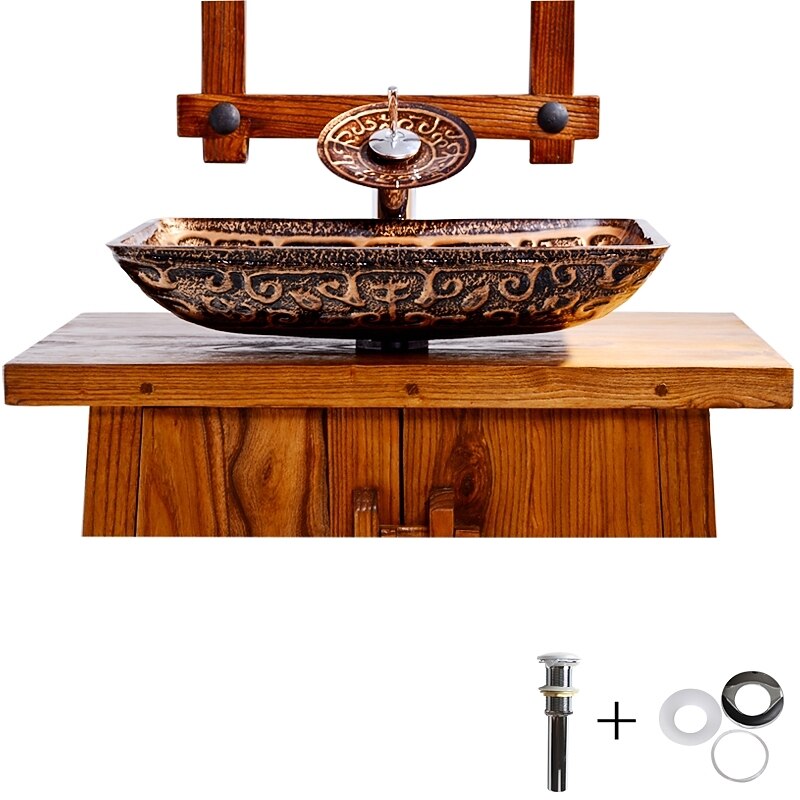 Bathroom Sink Faucet Suit Contain with Zinc Alloy Bathroom Mounting Ring Antique Tempered Glass Rectangular Vessel Sink and Brass Water Drain2