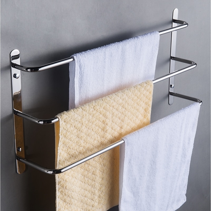 Multilayer Towel Rack Contemporary Stainless Steel Bathroom Shelf with 3-towel Bar Wall Mounted Polished Silvery 1PC 45CM3