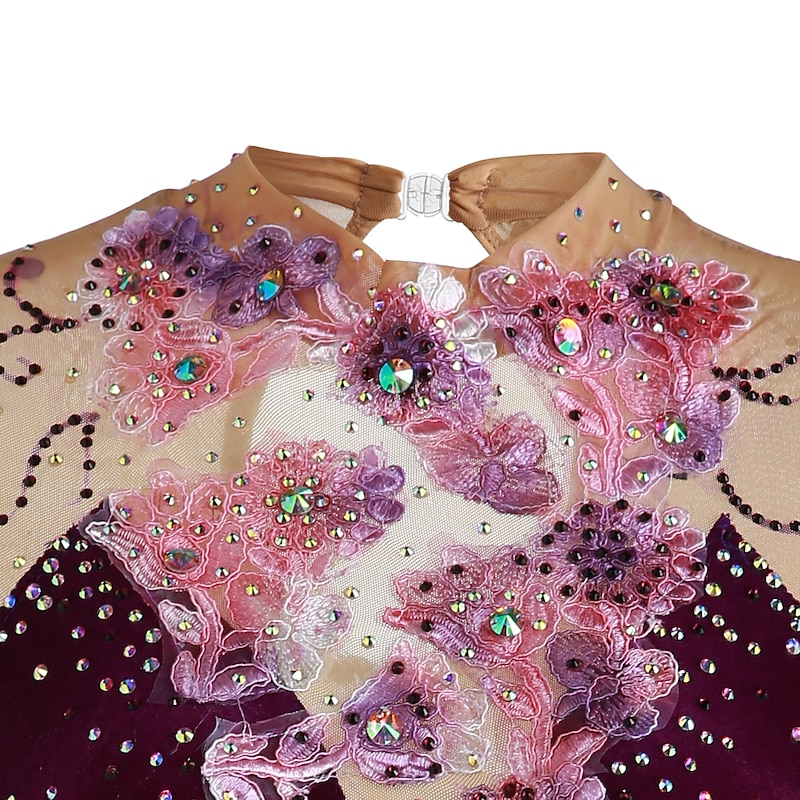 Figure Skating Dress Women's Girls' Ice Skating Dress Outfits Yan pink Amethyst Violet Flower Spandex High Elasticity Competition Skating Wear Warm Handmade Jeweled Rhinestone Long Sleeve Ice Skating4