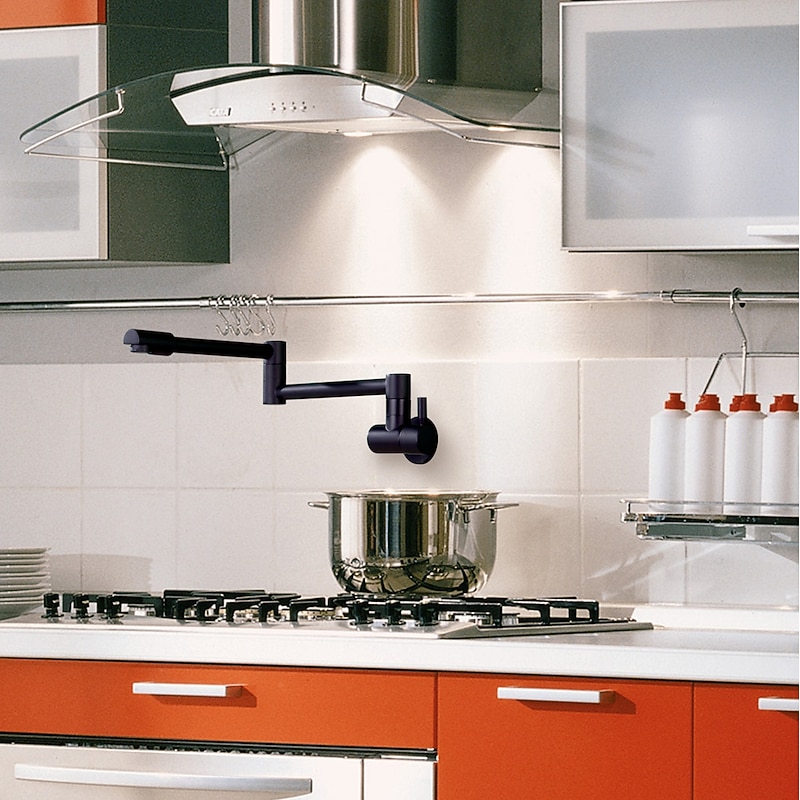 Wall Mounted Kitchen Faucet,Brass Single Handle One Hole Widespread Foldable and Rotatable Painted Finishes Pot Filler Contemporary Kitchen Taps with Hot and Cold Water2