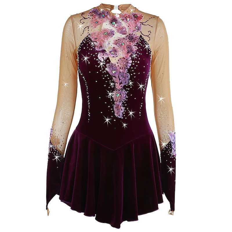 Figure Skating Dress Women's Girls' Ice Skating Dress Outfits Yan pink Amethyst Violet Flower Spandex High Elasticity Competition Skating Wear Warm Handmade Jeweled Rhinestone Long Sleeve Ice Skating2