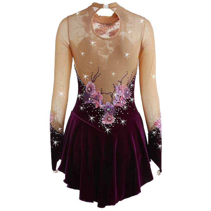 Figure Skating Dress Women's Girls' Ice Skating Dress Outfits Yan pink Amethyst Violet Flower Spandex High Elasticity Competition Skating Wear Warm Handmade Jeweled Rhinestone Long Sleeve Ice Skating3