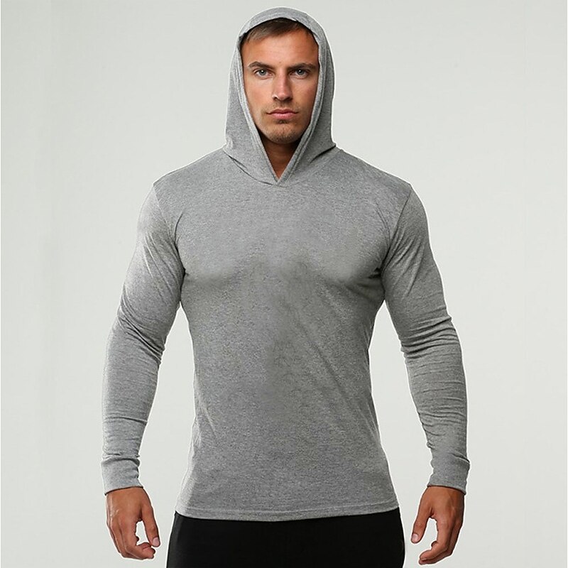 Men's Workout Shirt Running Shirt Long Sleeve Top Spring Hooded Solid Colored Spandex Quick Dry Soft Breathable Gym Workout Running Sportswear Activewear Black White Dark Navy2