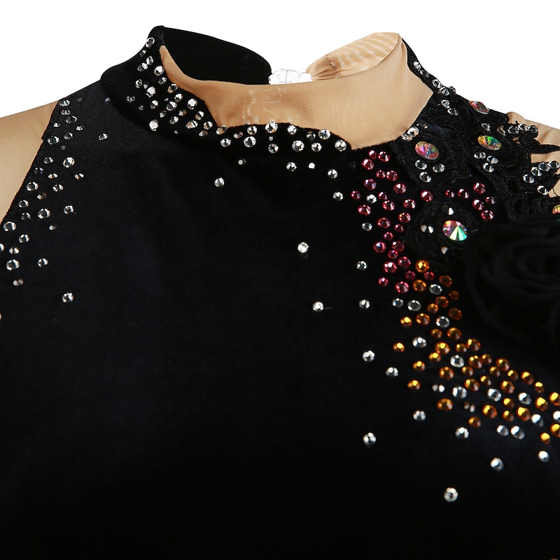 Figure Skating Dress Women's Girls' Ice Skating Dress Black White Dark Purple Open Back Mesh Spandex Velvet High Elasticity Competition Skating Wear Thermal Warm Jeweled Rhinestone Long Sleeve Ice4