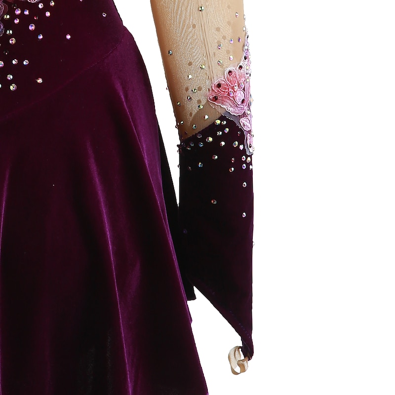Figure Skating Dress Women's Girls' Ice Skating Dress Outfits Yan pink Amethyst Violet Flower Spandex High Elasticity Competition Skating Wear Warm Handmade Jeweled Rhinestone Long Sleeve Ice Skating 14