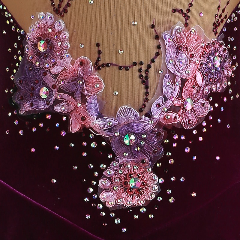 Figure Skating Dress Women's Girls' Ice Skating Dress Outfits Yan pink Amethyst Violet Flower Spandex High Elasticity Competition Skating Wear Warm Handmade Jeweled Rhinestone Long Sleeve Ice Skating 13