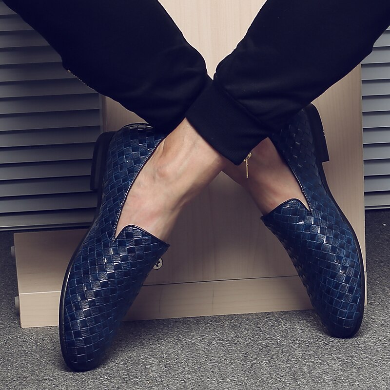Men's Blue Woven Faux Leather Loafers - Stylish Slip-On Shoes for Formal and Casual Occasions4