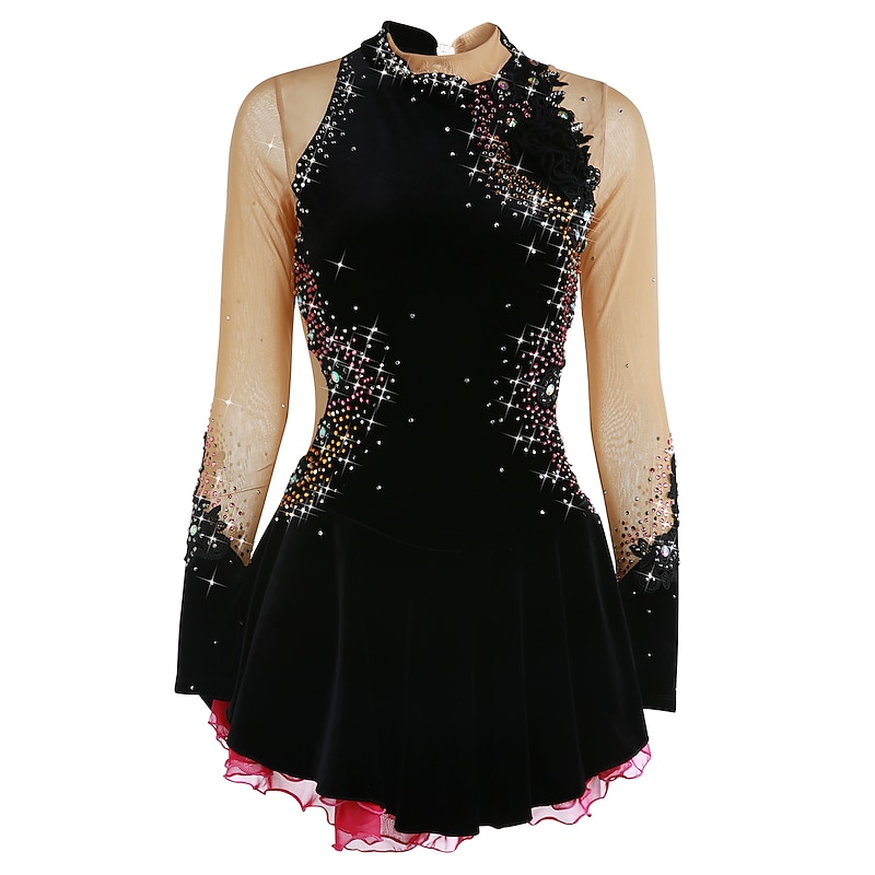 Figure Skating Dress Women's Girls' Ice Skating Dress Black White Dark Purple Open Back Mesh Spandex Velvet High Elasticity Competition Skating Wear Thermal Warm Jeweled Rhinestone Long Sleeve Ice2