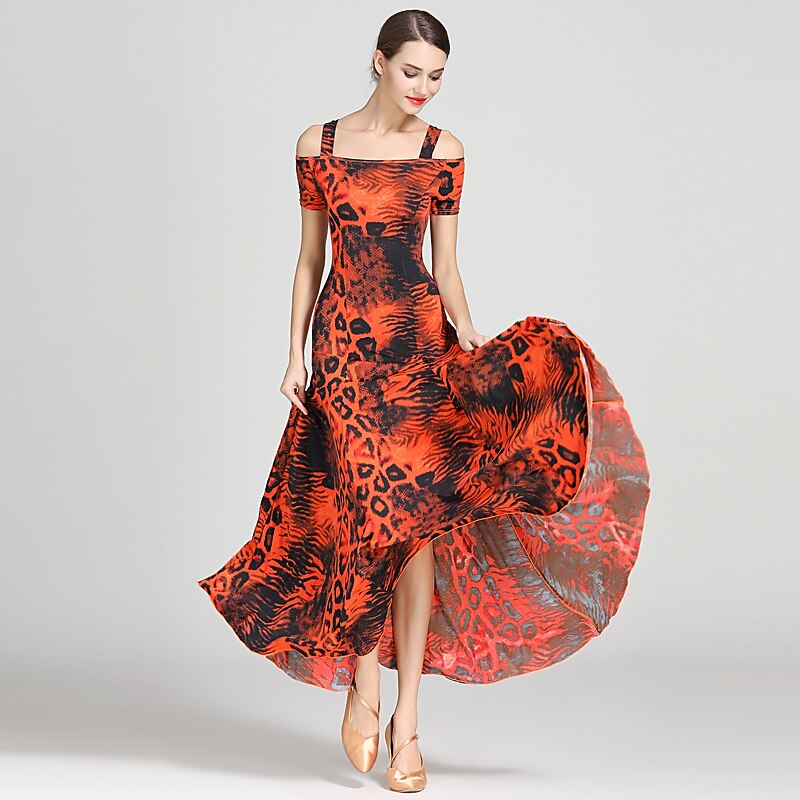 Ballroom Dance Dress Draping Pattern / Print Women's Training Performance Short Sleeve High Ice Silk