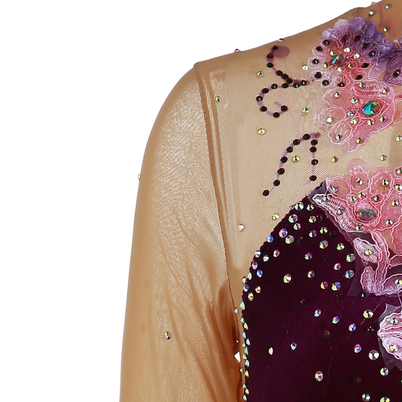 Figure Skating Dress Women's Girls' Ice Skating Dress Outfits Yan pink Amethyst Violet Flower Spandex High Elasticity Competition Skating Wear Warm Handmade Jeweled Rhinestone Long Sleeve Ice Skating 5