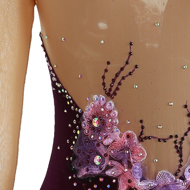 Figure Skating Dress Women's Girls' Ice Skating Dress Outfits Yan pink Amethyst Violet Flower Spandex High Elasticity Competition Skating Wear Warm Handmade Jeweled Rhinestone Long Sleeve Ice Skating 16