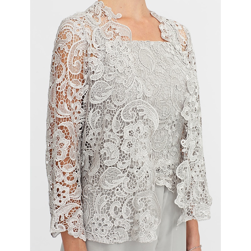 Beach Wedding Pantsuit 3 Piece Mother of the Bride Wedding Guest Elegant Plus Size Square Neck Floor Length Chiffon Corded Lace Sleeveless Wrap Included with Lace Appliques2