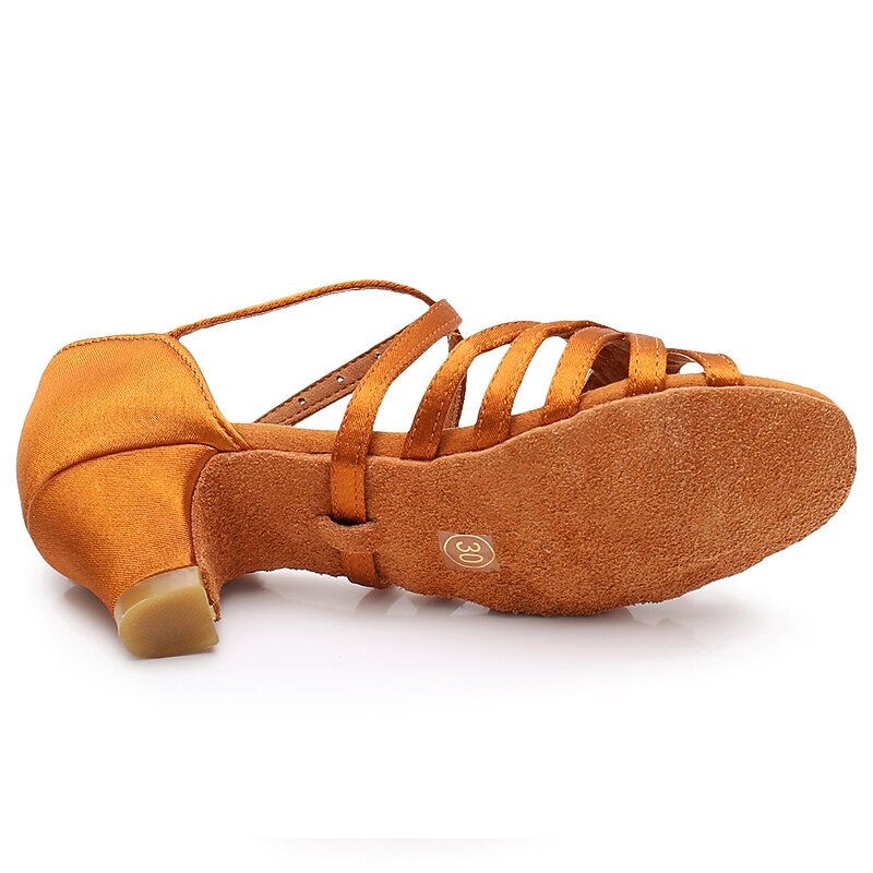 Girls' Satin Latin Dance Shoes with Low Heel and Cross-Strap Design - Perfect for Ballroom and Salsa Dancing2