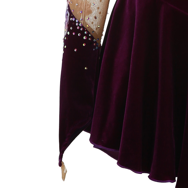 Figure Skating Dress Women's Girls' Ice Skating Dress Outfits Yan pink Amethyst Violet Flower Spandex High Elasticity Competition Skating Wear Warm Handmade Jeweled Rhinestone Long Sleeve Ice Skating 9