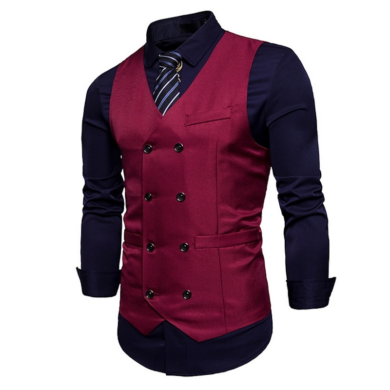 Men's Vest Waistcoat Wedding Work Business Casual Smart Casual Polyester Solid Colored V Neck Black White Wine Navy Blue Vest