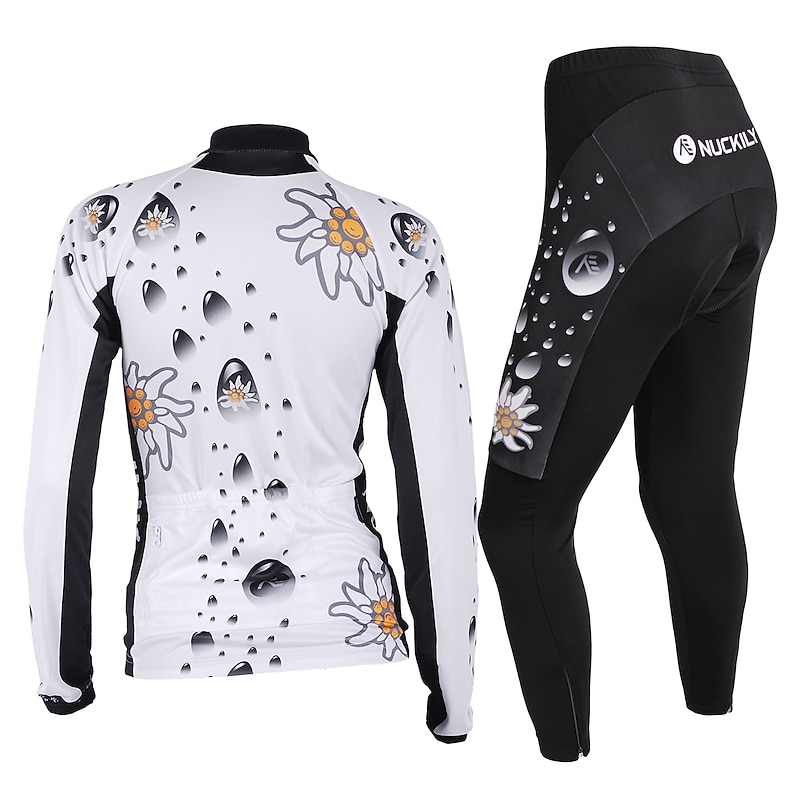 Nuckily Women's Long Sleeve Cycling Jersey with Tights Summer Black Floral Botanical Bike Clothing Suit Windproof Breathable Anatomic Design Reflective Strips Back Pocket Sports Polyester Lycra Floral 8