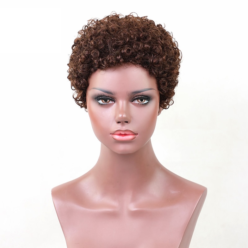 Human Hair Blend Wig Afro Curly Pixie Cut Machine Made Natural Black #1B Medium Brown Dark Wine Daily4