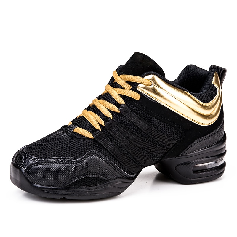 Women's Black Dance Sneakers with Gold Accents – Lightweight Breathable Lace-Up Athletic Shoes for Hip-Hop and Jazz