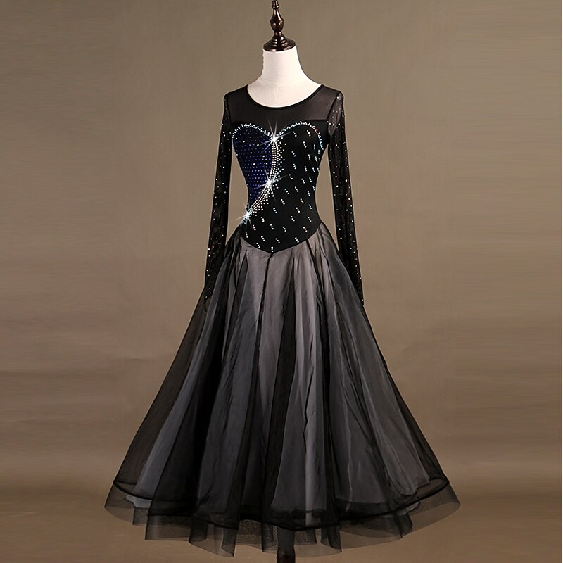 Ballroom Dance Dress Crystals / Rhinestones Women's Training Long Sleeve High Nylon Organza Tulle3