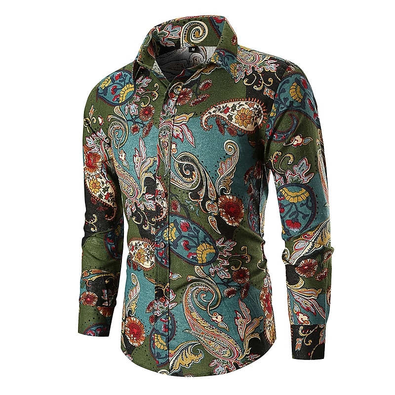Men's Paisley Tribal Shirt Long Sleeve Vintage Fashion Cool Street Daily Holiday Spring &  Fall Collar Yellow Army Green Red Green