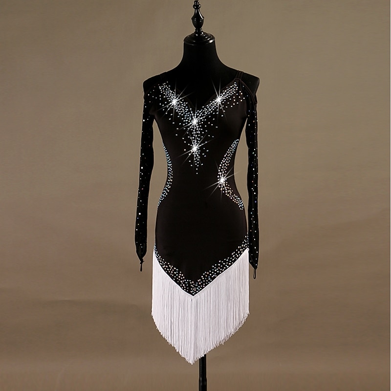 Dance Salsa Latin Dance Dress Crystals / Rhinestones Women's Training Long Sleeve High Spandex Tulle3