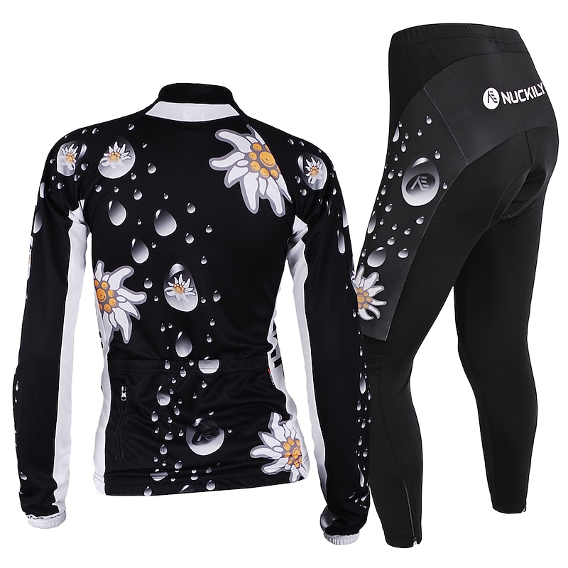 Nuckily Women's Long Sleeve Cycling Jersey with Tights Summer Black Floral Botanical Bike Clothing Suit Windproof Breathable Anatomic Design Reflective Strips Back Pocket Sports Polyester Lycra Floral2