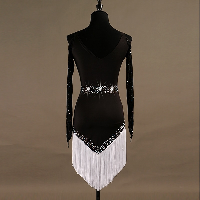 Dance Salsa Latin Dance Dress Crystals / Rhinestones Women's Training Long Sleeve High Spandex Tulle4