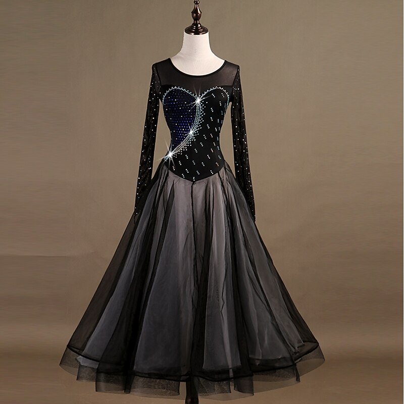 Ballroom Dance Dress Crystals / Rhinestones Women's Training Long Sleeve High Nylon Organza Tulle2