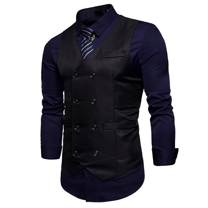 Men's Vest Waistcoat Wedding Work Business Casual Smart Casual Polyester Solid Colored V Neck Black White Wine Navy Blue Vest4