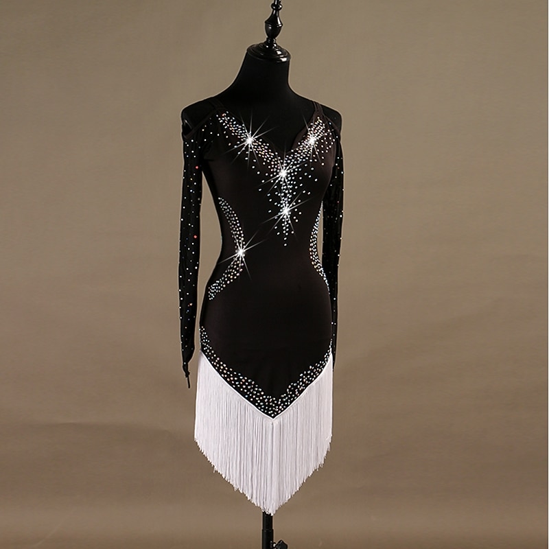 Dance Salsa Latin Dance Dress Crystals / Rhinestones Women's Training Long Sleeve High Spandex Tulle2
