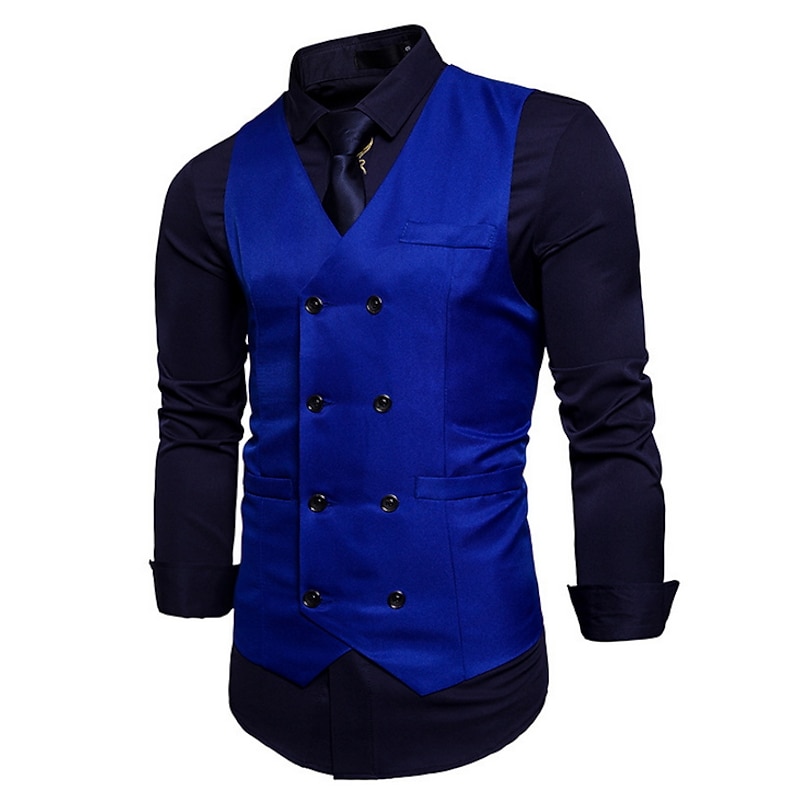 Men's Vest Waistcoat Wedding Work Business Casual Smart Casual Polyester Solid Colored V Neck Black White Wine Navy Blue Vest3