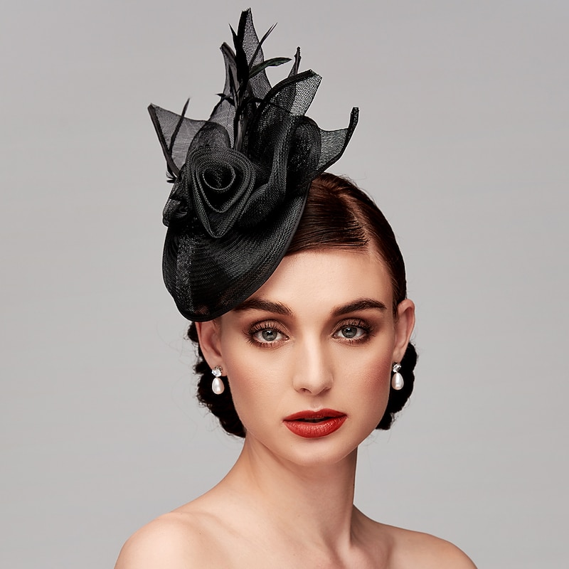 Fascinators Feather Net Kentucky Hat Fascinators Headpiece with Feather Floral Flower 1PC Wedding Horse Race Ladies Day Melbourne Cup Headpiece dress to impress Race Day Dress3
