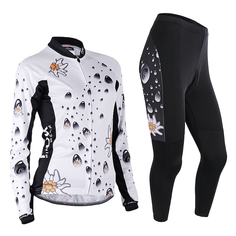 Nuckily Women's Long Sleeve Cycling Jersey with Tights Summer Black Floral Botanical Bike Clothing Suit Windproof Breathable Anatomic Design Reflective Strips Back Pocket Sports Polyester Lycra Floral 7