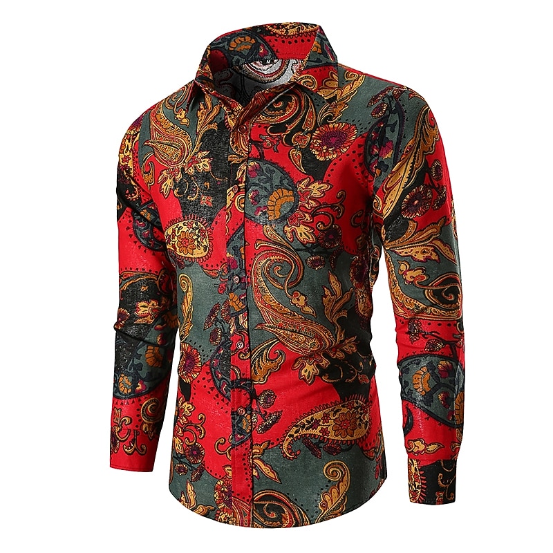 Men's Paisley Tribal Shirt Long Sleeve Vintage Fashion Cool Street Daily Holiday Spring &  Fall Collar Yellow Army Green Red Green2
