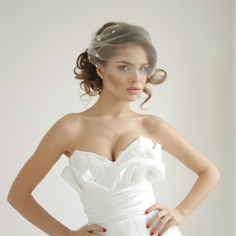 One-tier Vintage Style / Classic Style Wedding Veil Blusher Veils with Pure Color / Crystals / Rhinestones Tulle / Birdcage2