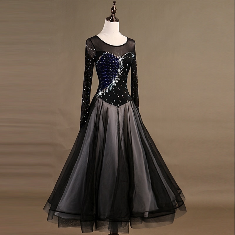 Ballroom Dance Dress Crystals / Rhinestones Women's Training Long Sleeve High Nylon Organza Tulle