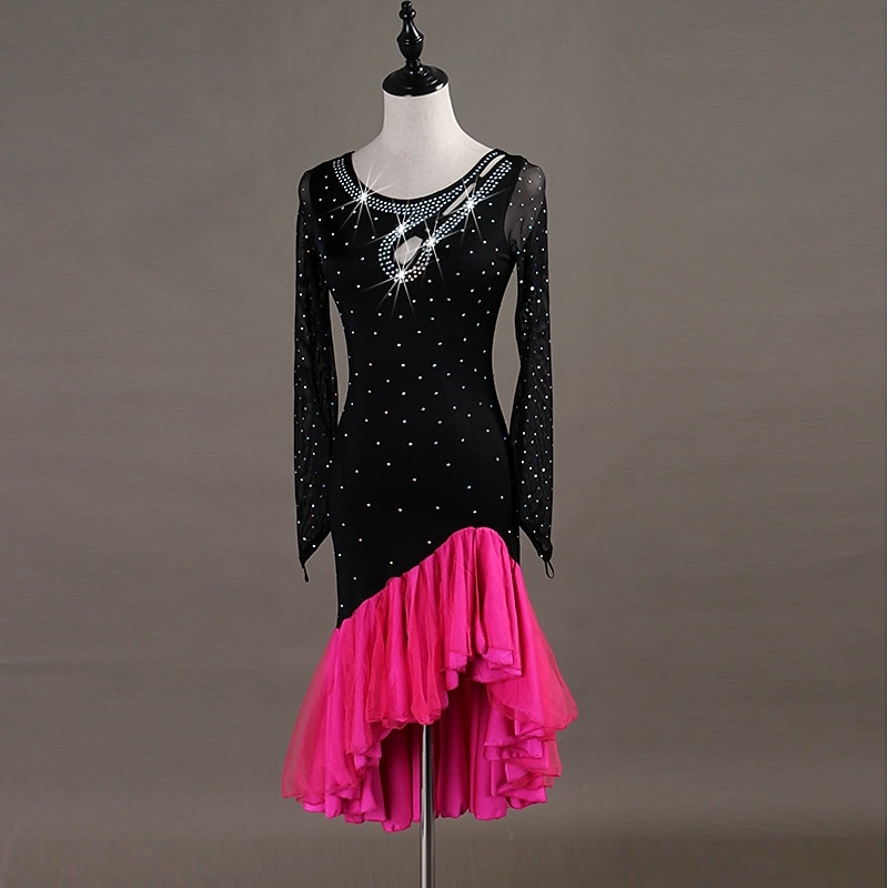 Dance Salsa Latin Dance Dress Fringed Tassel Crystals / Rhinestones Women's Training Long Sleeve High Spandex Tulle without Underpants3