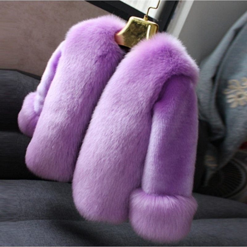 Kids Girls' Down & Cotton Padded Faux Fur Coat Solid Color Basic School Faux Fur Coat Outerwear 4-12 Years Fall Black Pink Red