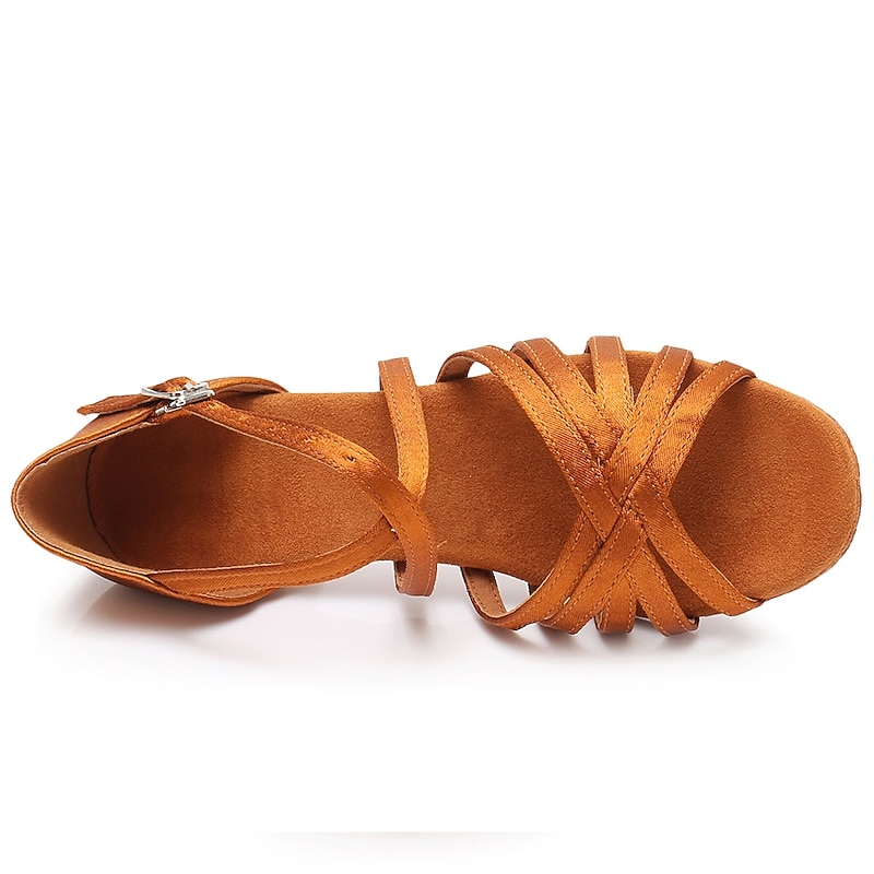 Girls' Satin Latin Dance Shoes with Low Heel and Cross-Strap Design - Perfect for Ballroom and Salsa Dancing