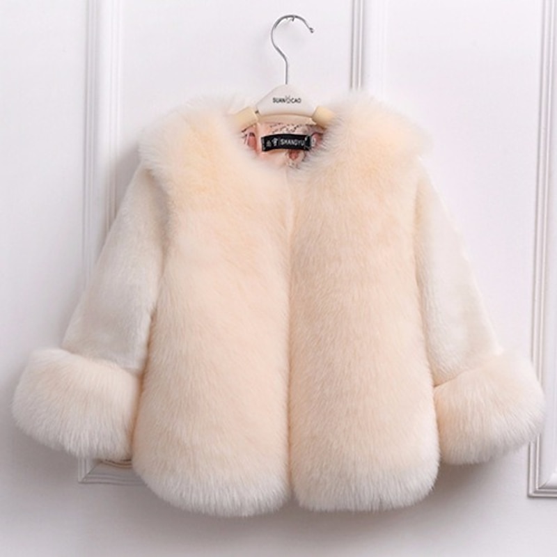 Kids Girls' Down & Cotton Padded Faux Fur Coat Solid Color Basic School Faux Fur Coat Outerwear 4-12 Years Fall Black Pink Red3