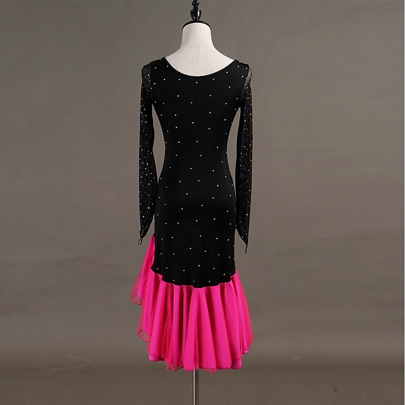 Dance Salsa Latin Dance Dress Fringed Tassel Crystals / Rhinestones Women's Training Long Sleeve High Spandex Tulle without Underpants4