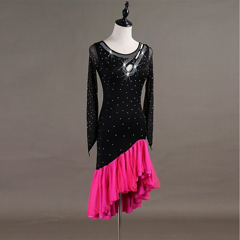 Dance Salsa Latin Dance Dress Fringed Tassel Crystals / Rhinestones Women's Training Long Sleeve High Spandex Tulle without Underpants2