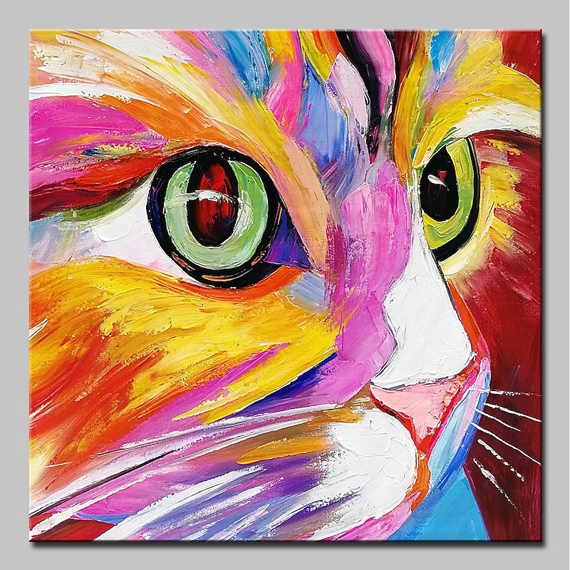 Oil Painting Handmade Hand Painted Wall Art Abstract Cat Colorful Animal Home Decoration Décor Stretched Frame Ready to Hang3