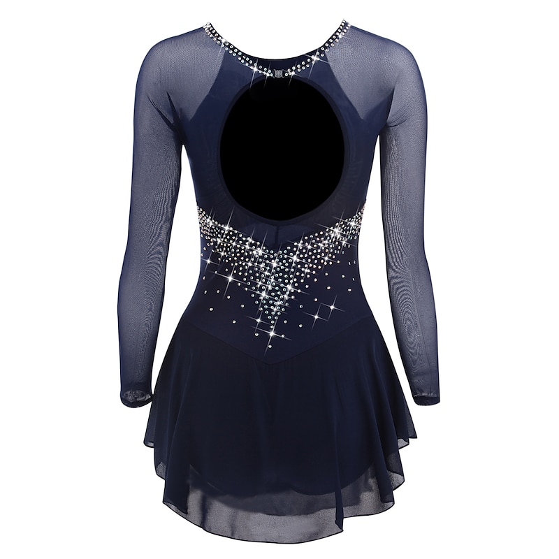 Figure Skating Dress Women's Girls' Ice Skating Dress Violet Black White Open Back Mesh Spandex High Elasticity Training Competition Skating Wear Classic Crystal / Rhinestone Long Sleeve Ice Skating3