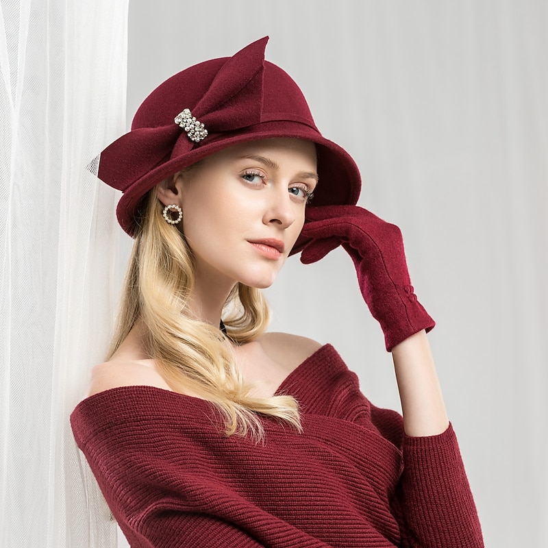 100% Wool Hats with Bowknot / Crystals / Rhinestones 1pc Casual / Holiday / Ladies Day Headpiece