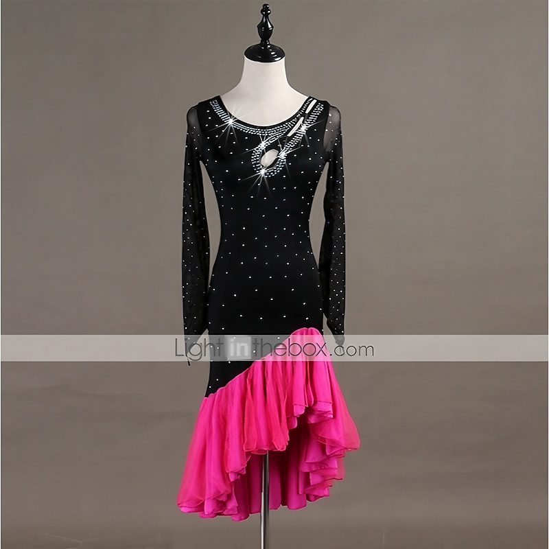 Dance Salsa Latin Dance Dress Fringed Tassel Crystals / Rhinestones Women's Training Long Sleeve High Spandex Tulle without Underpants