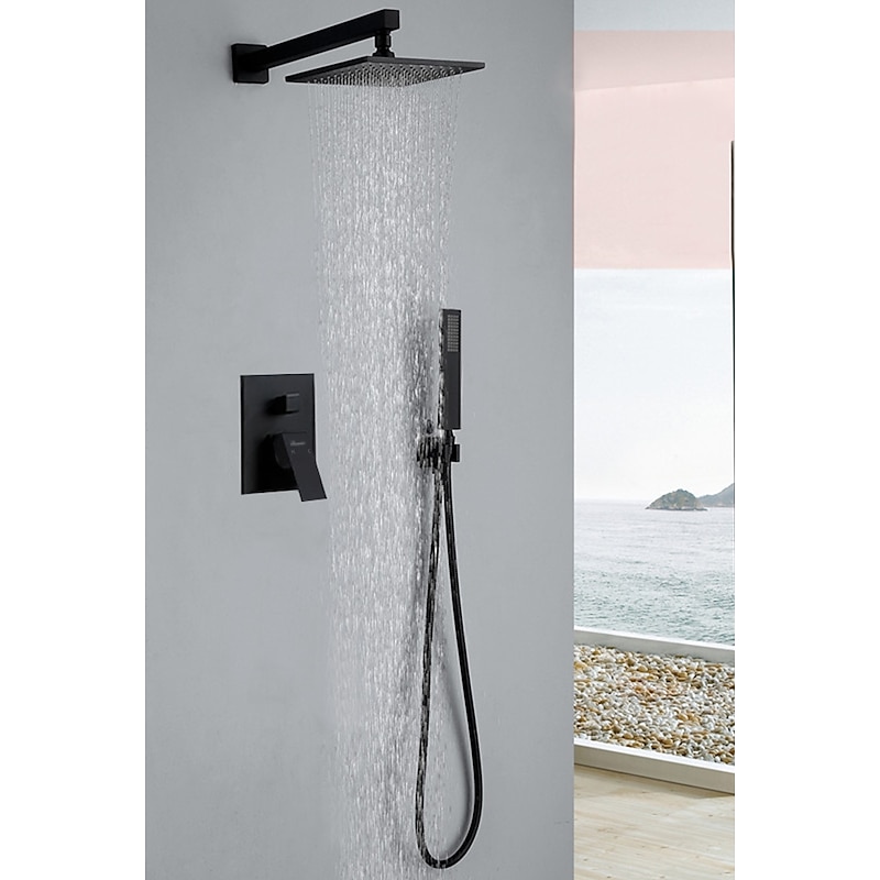 Concealed Shower Faucet Combo Set 12" Rainfall Shower Head, Shower System Mixer Rough In Valve Rainfall High Pressure Head with Handheld, Wall Mounted Tub and Shower Trim Kit Bathroom Bath3