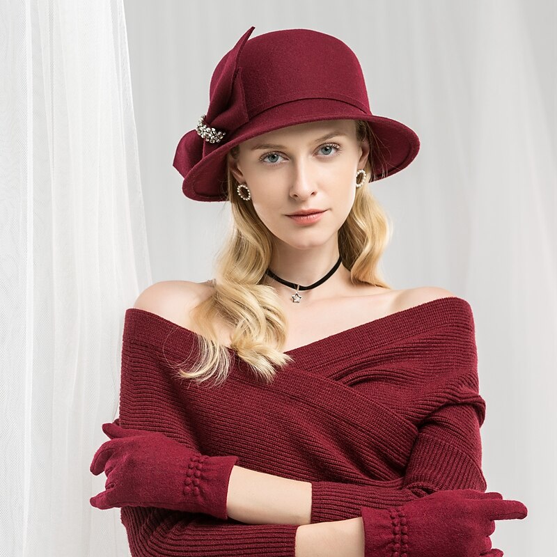 100% Wool Hats with Bowknot / Crystals / Rhinestones 1pc Casual / Holiday / Ladies Day Headpiece2